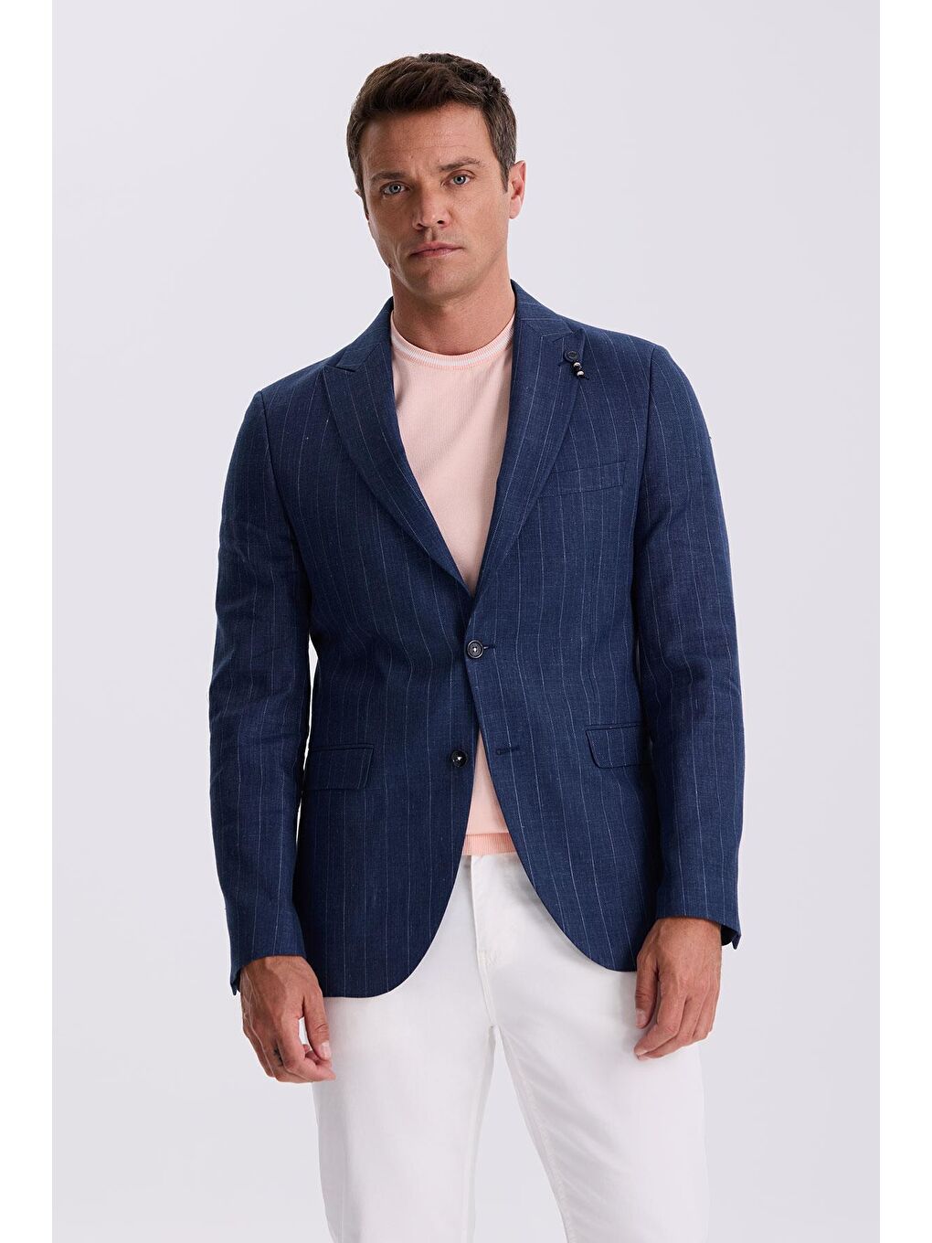 Lacivert Slim Fit Kırlangıç Yaka Çizgili Keten Pamuk Mevsimlik Ceket-1