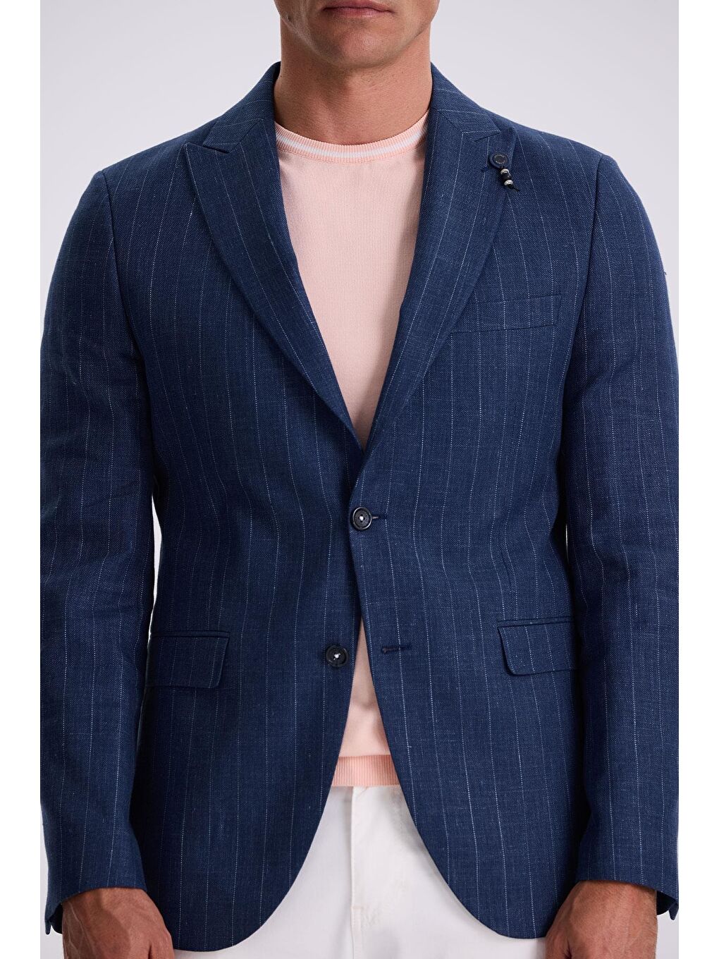 Lacivert Slim Fit Kırlangıç Yaka Çizgili Keten Pamuk Mevsimlik Ceket-2