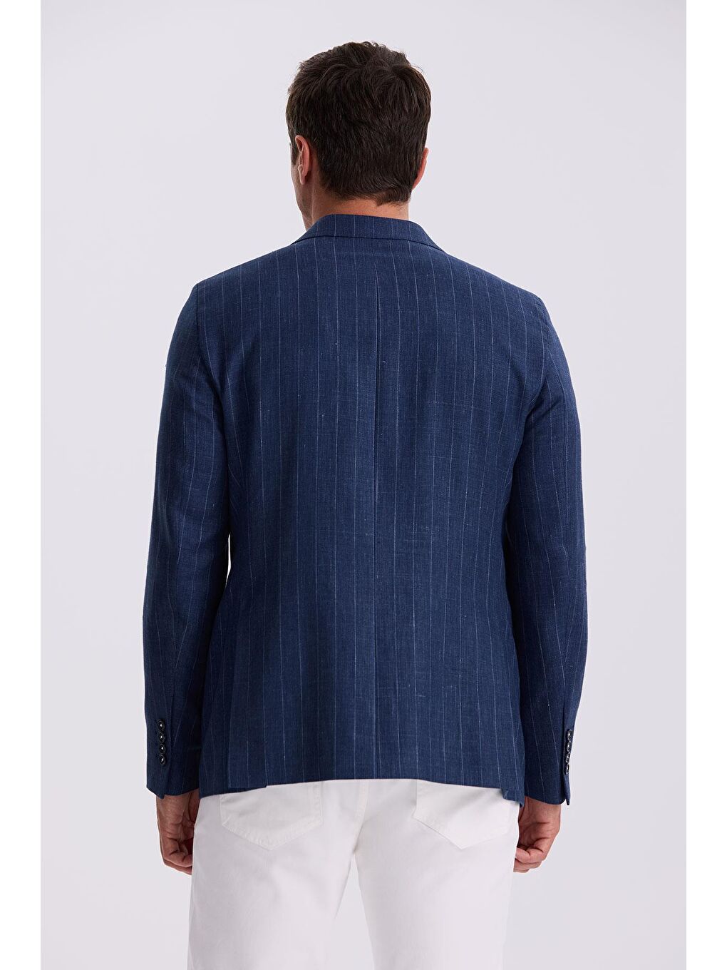 Lacivert Slim Fit Kırlangıç Yaka Çizgili Keten Pamuk Mevsimlik Ceket-3