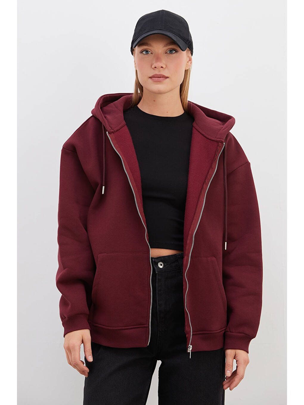 Bordo 3 İplik Basic Fermuarlı Kapüşonlu Oversize Sweatshirt-1
