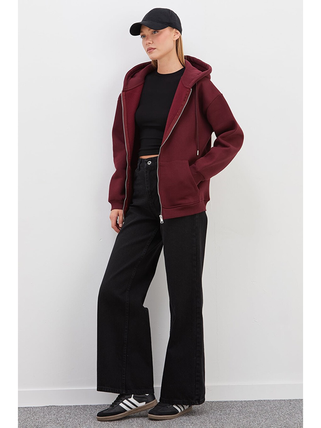 Bordo 3 İplik Basic Fermuarlı Kapüşonlu Oversize Sweatshirt-2