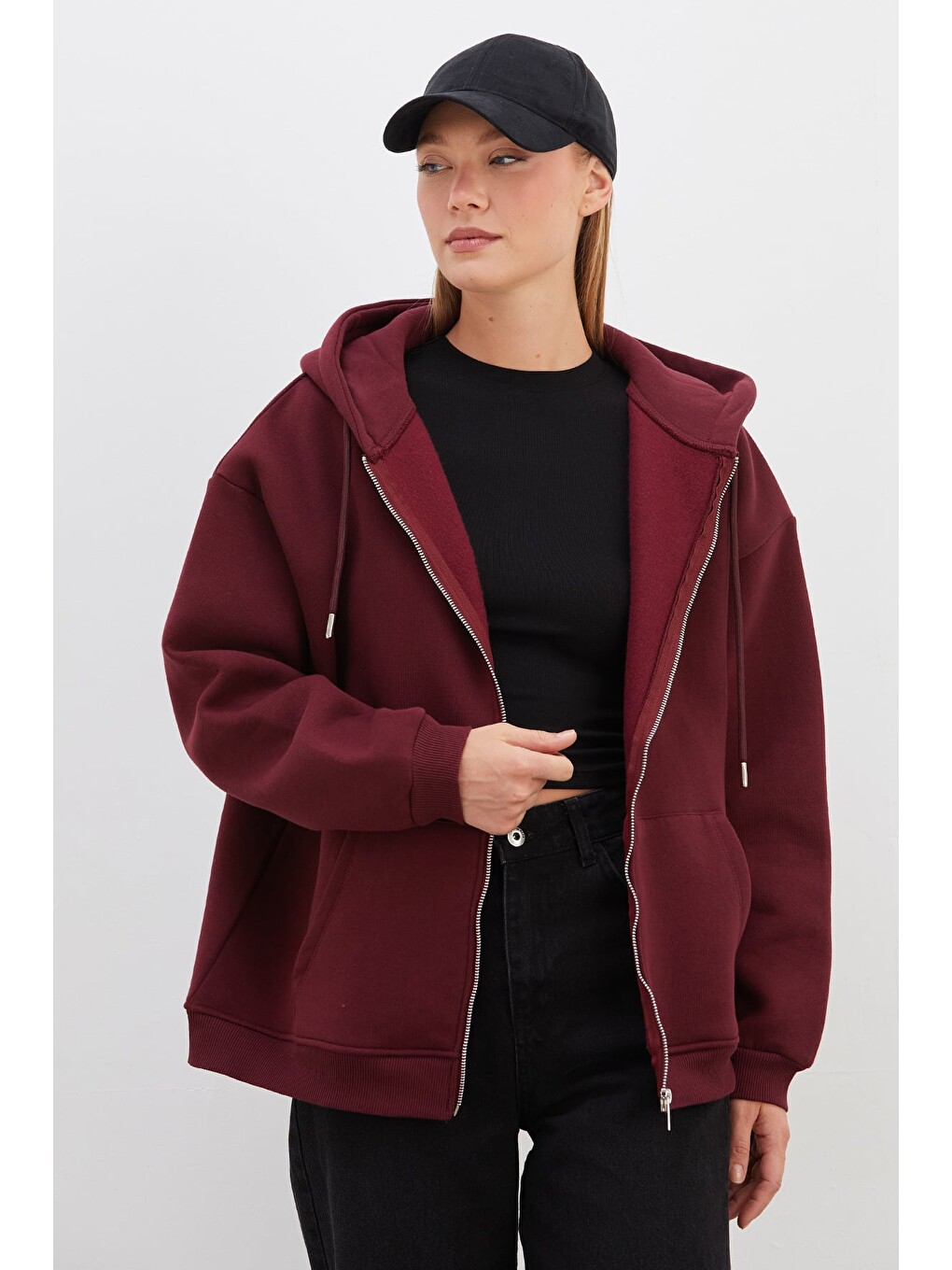Bordo 3 İplik Basic Fermuarlı Kapüşonlu Oversize Sweatshirt-3