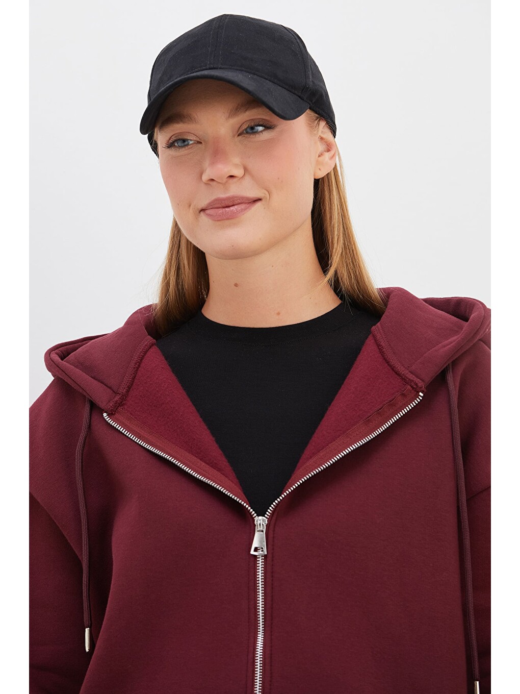 Bordo 3 İplik Basic Fermuarlı Kapüşonlu Oversize Sweatshirt-4