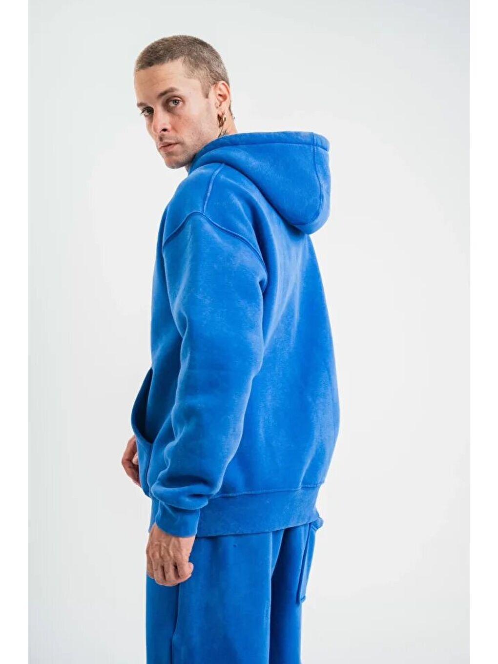 Unisex Double Oversize Kapüşonlu Yıkamalı Sweatshirt - Mavi-2