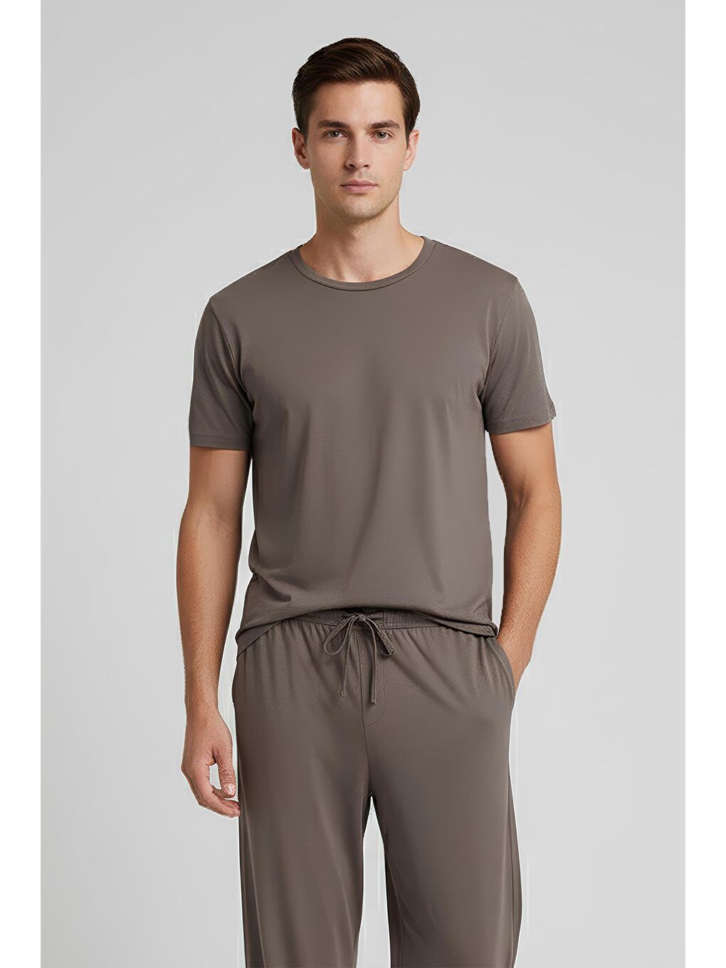 Bej Erkek Kısa Kollu Basic Esnek Elastanlı Viskoz T-shirt MAN01