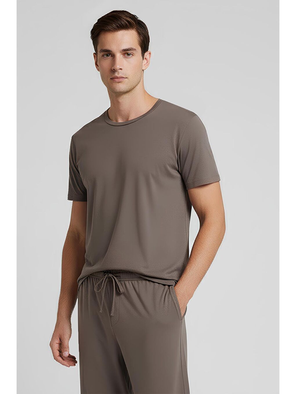 Bej Erkek Kısa Kollu Basic Esnek Elastanlı Viskoz T-shirt MAN01-1