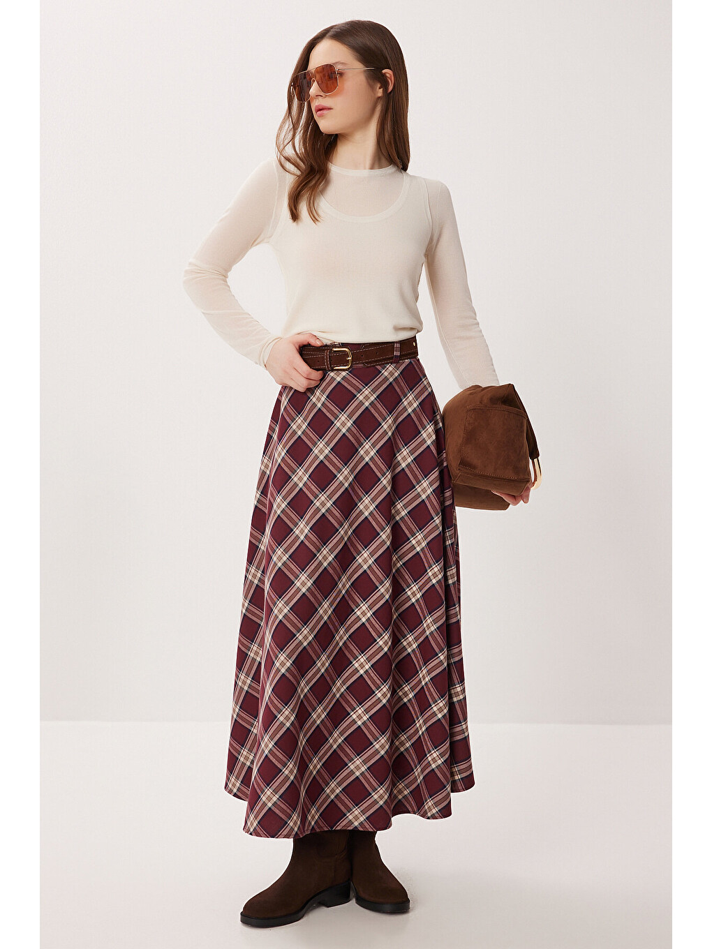 Bordo Kemerli Kareli Midi Dokuma Etek BORDO KREM LDP0094-1
