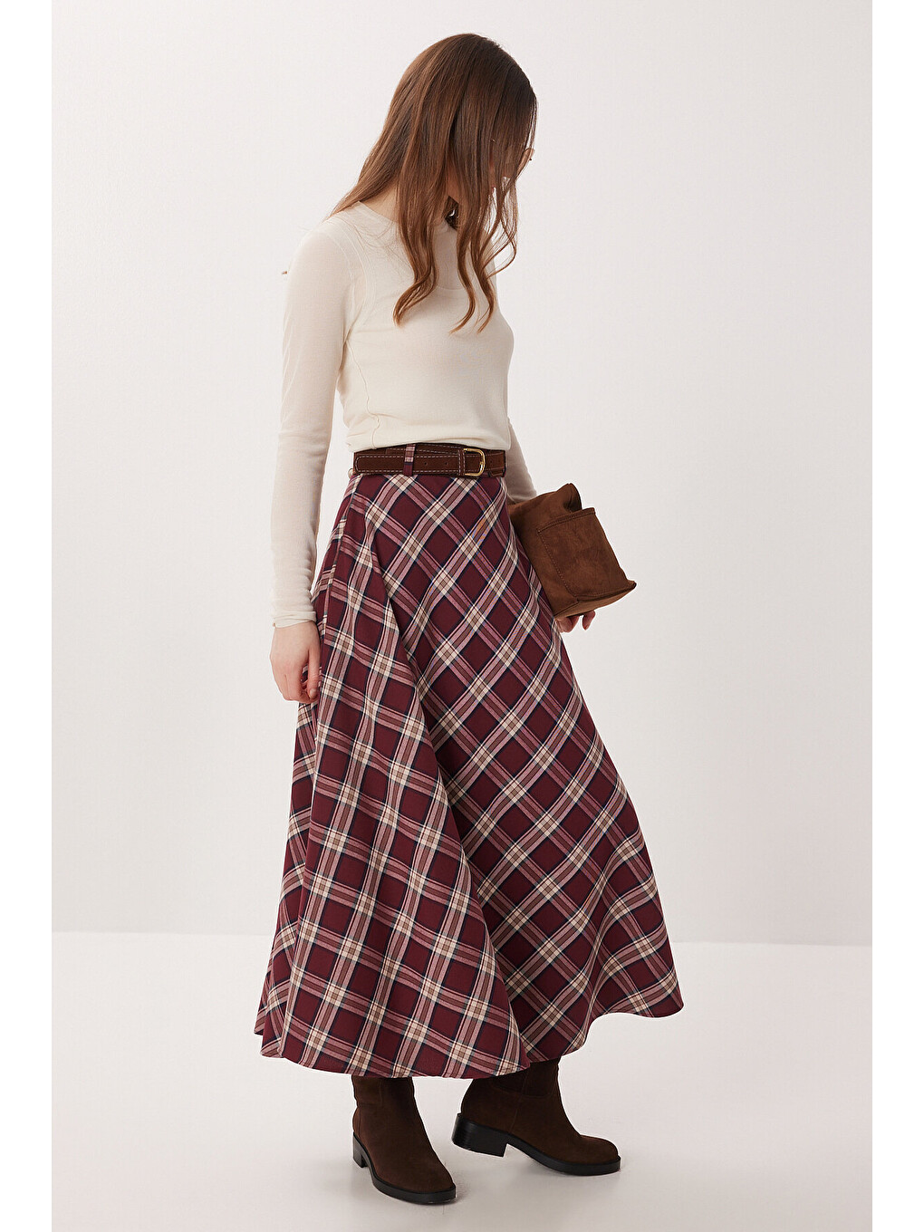 Bordo Kemerli Kareli Midi Dokuma Etek BORDO KREM LDP0094-2
