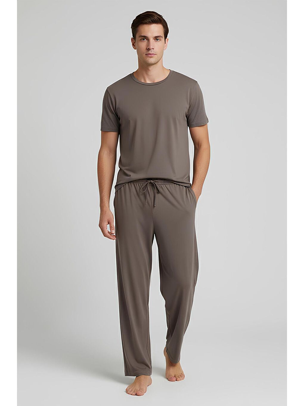 Bej Erkek Kısa Kollu Basic Esnek Elastanlı Viskoz T-shirt MAN01-2