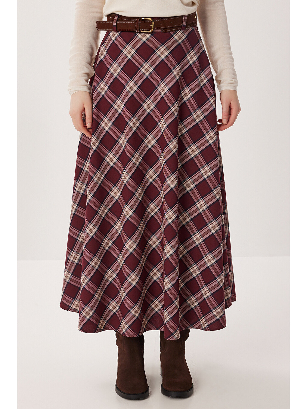 Bordo Kemerli Kareli Midi Dokuma Etek BORDO KREM LDP0094-3