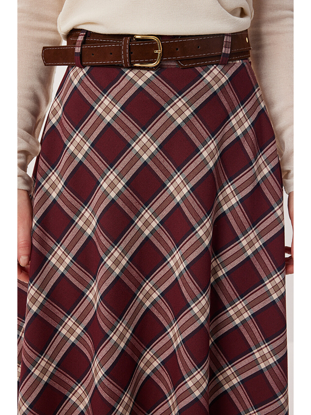Bordo Kemerli Kareli Midi Dokuma Etek BORDO KREM LDP0094-4