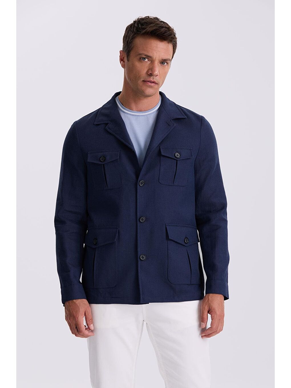 Lacivert Slim Fit Cepli Keten Pamuk Mevsimlik Safari Ceket-1