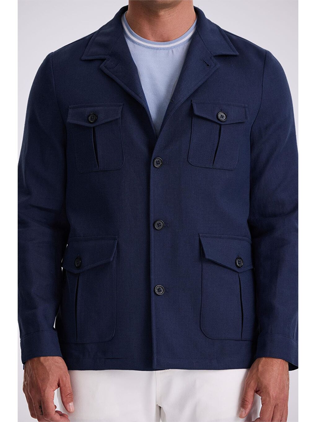 Lacivert Slim Fit Cepli Keten Pamuk Mevsimlik Safari Ceket-2