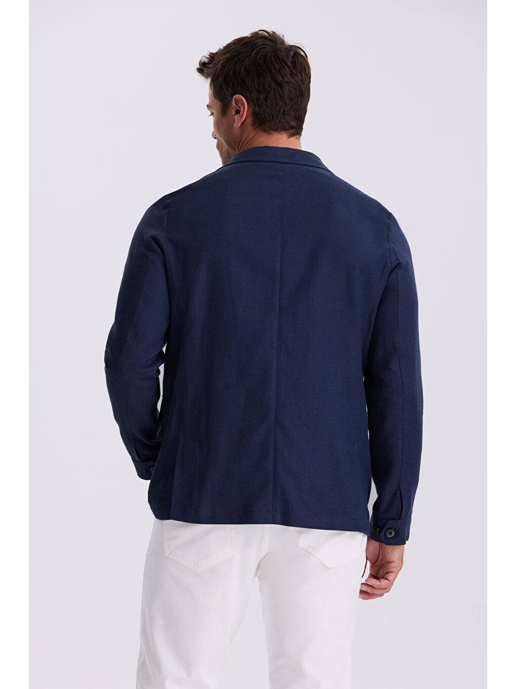 Lacivert Slim Fit Cepli Keten Pamuk Mevsimlik Safari Ceket-3