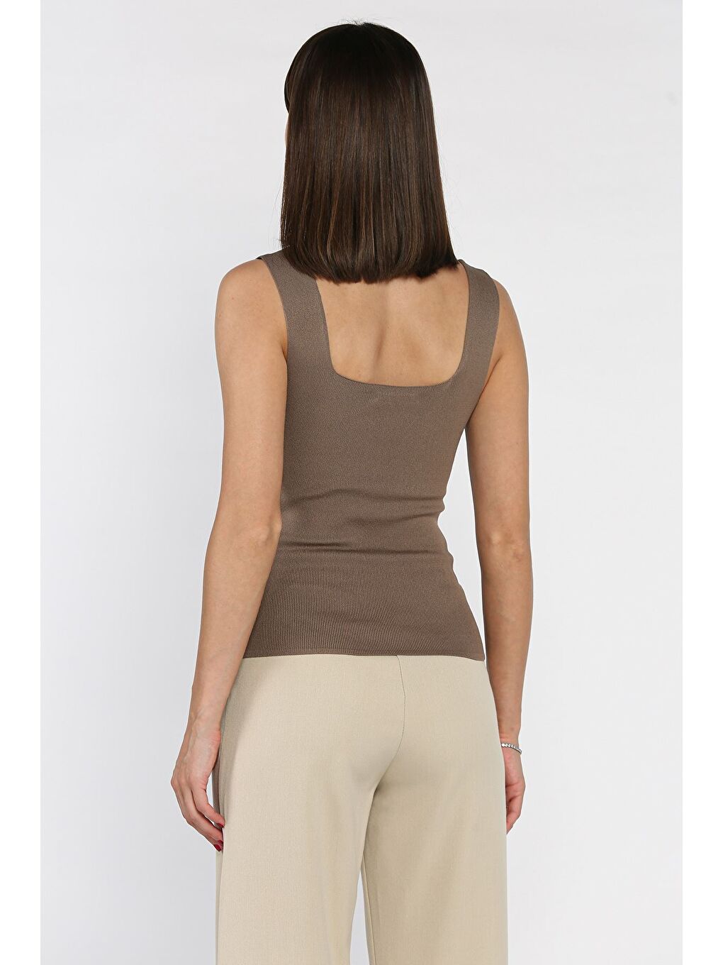 Bej Kare Yaka Askılı Elastanlı Kadın Triko Bluz-2