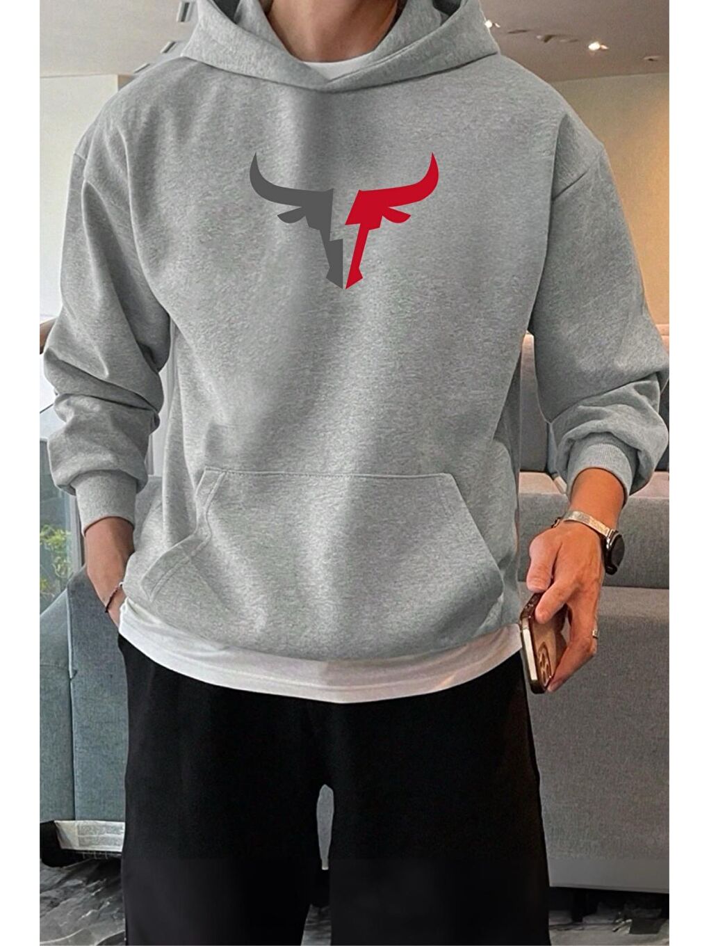 Oksit Gri Bull Ön Baskılı Pamuklu Erkek Sweatshirt