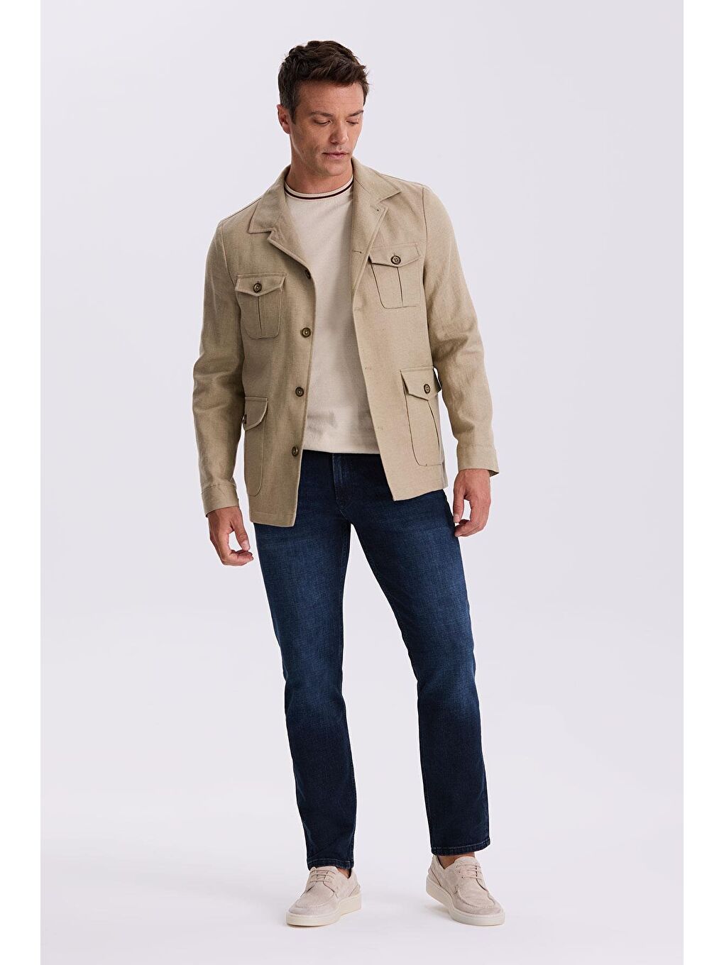 Bej Slim Fit Cepli Keten Pamuk Mevsimlik Safari Ceket