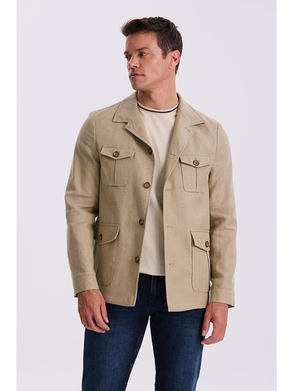 Bej Slim Fit Cepli Keten Pamuk Mevsimlik Safari Ceket-1