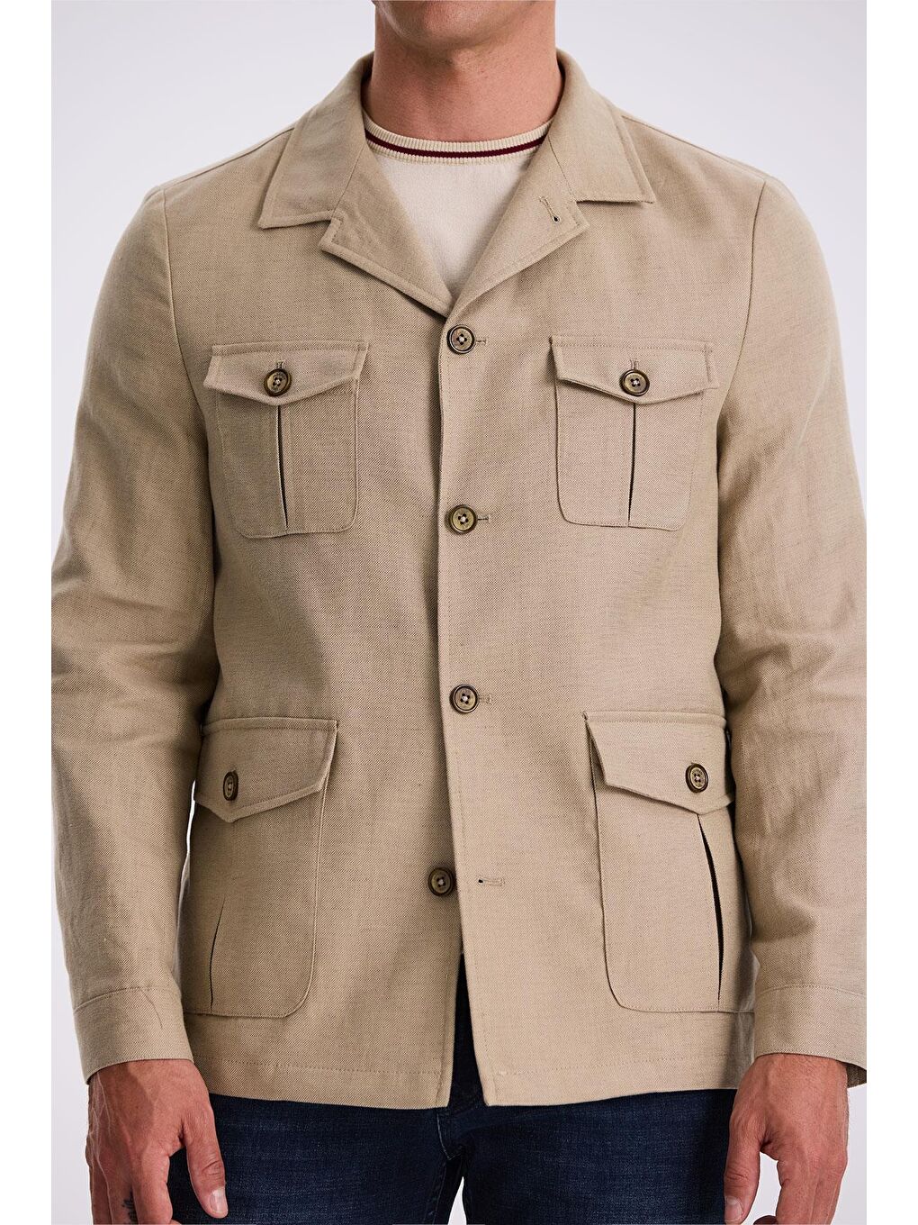 Bej Slim Fit Cepli Keten Pamuk Mevsimlik Safari Ceket-2