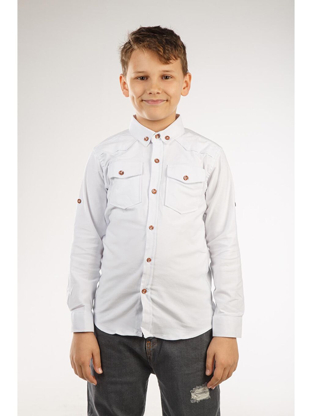 Beyaz Uzun Katlama Kollu Erkek Çocuk Gömlek
