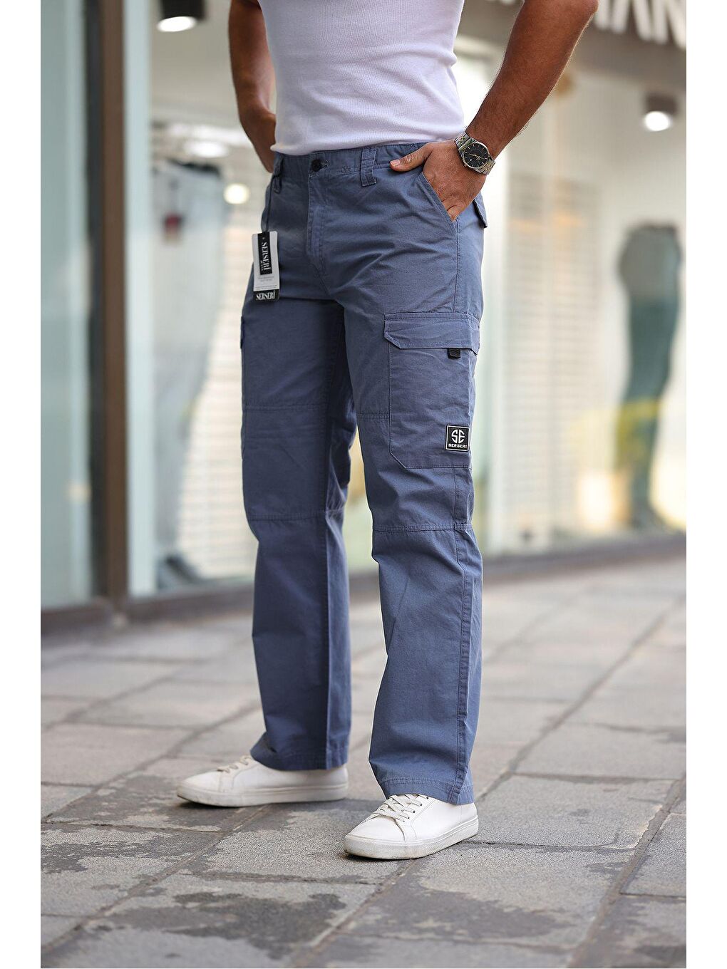 Tarz Cool Gri Erkek Kar Yıkama Kargo Cepli Baggy Denim Pantolon - 1