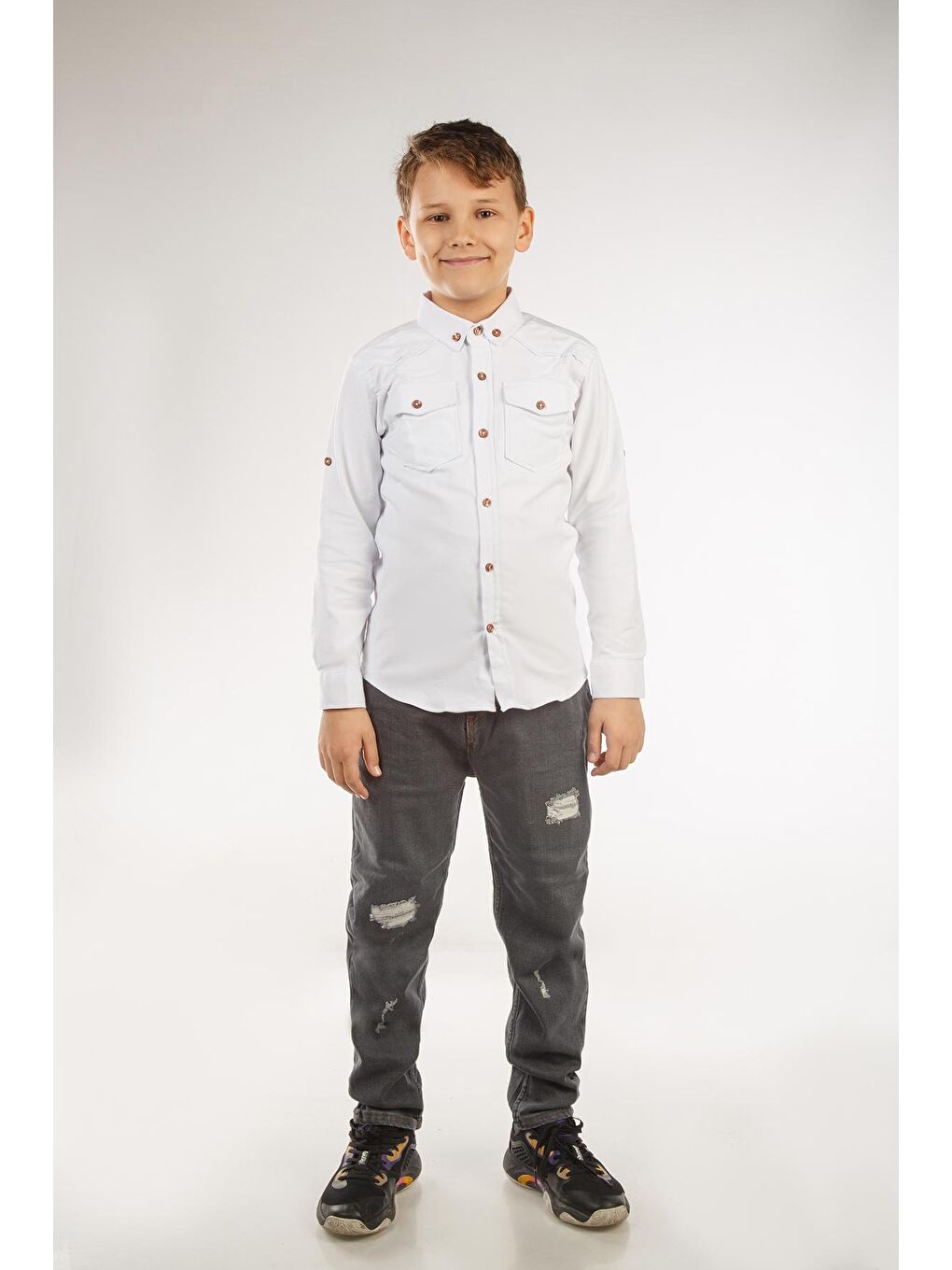 Beyaz Uzun Katlama Kollu Erkek Çocuk Gömlek-1