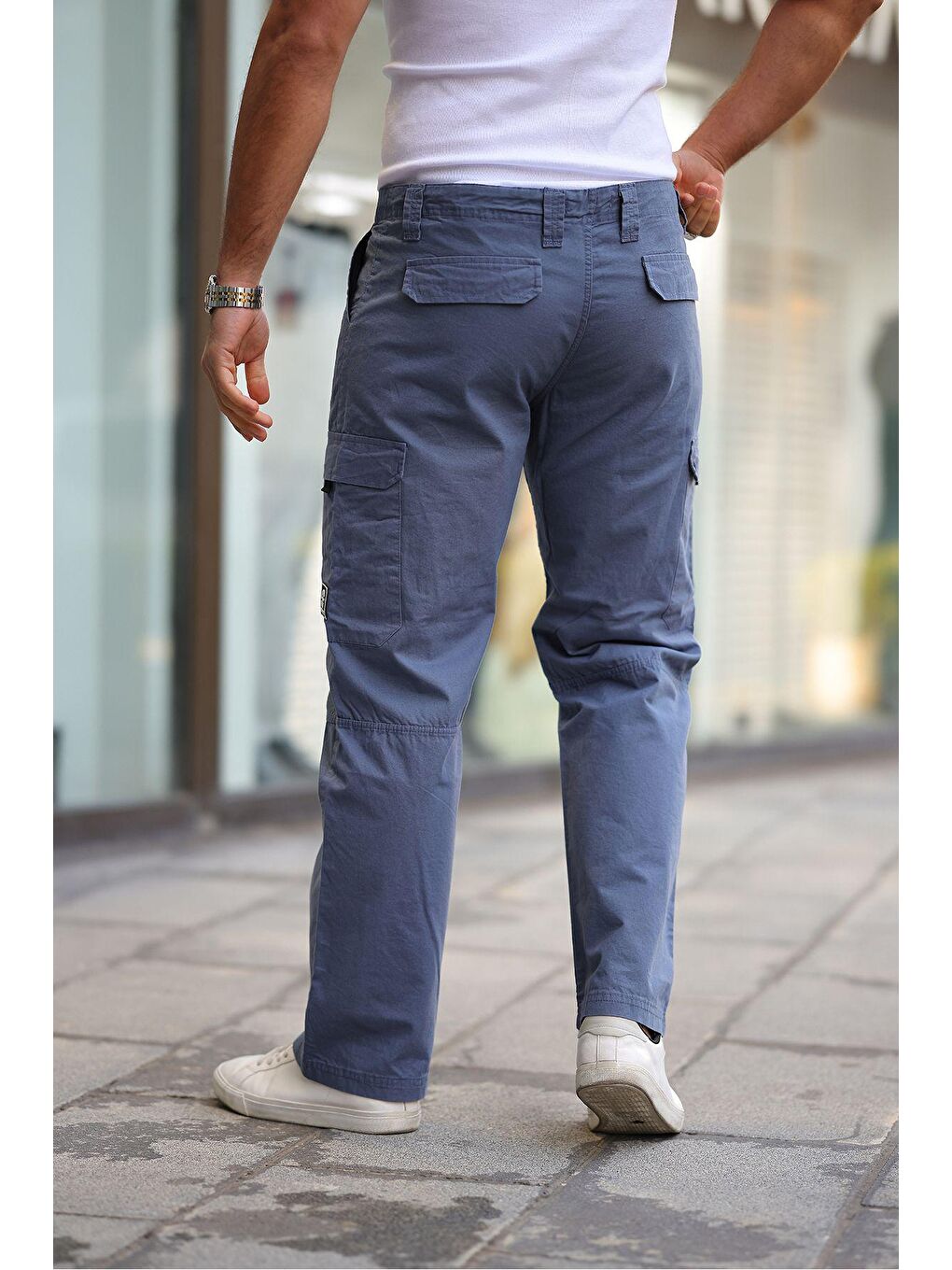 Tarz Cool Gri Erkek Kar Yıkama Kargo Cepli Baggy Denim Pantolon - 2