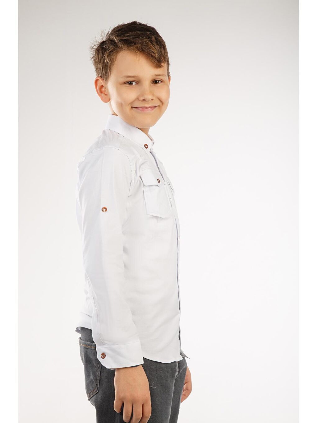 Beyaz Uzun Katlama Kollu Erkek Çocuk Gömlek-3