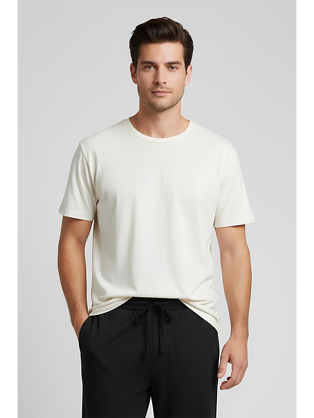 Ekru Erkek Kısa Kollu Basic Esnek Elastanlı Viskoz T-shirt MAN01
