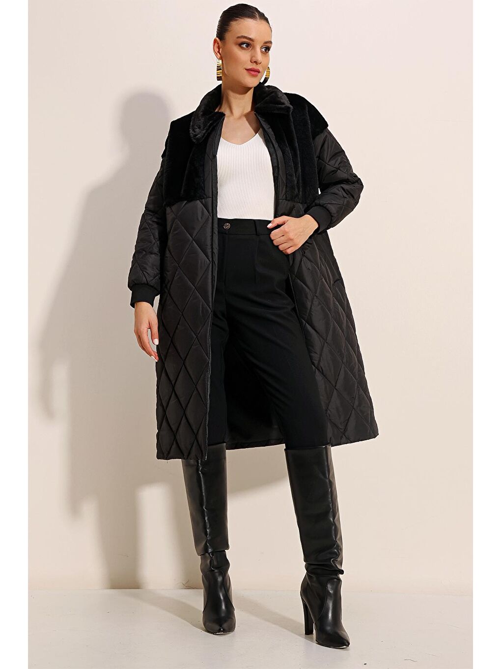 5185 Uzun Oversize Şişme Mont - Siyah