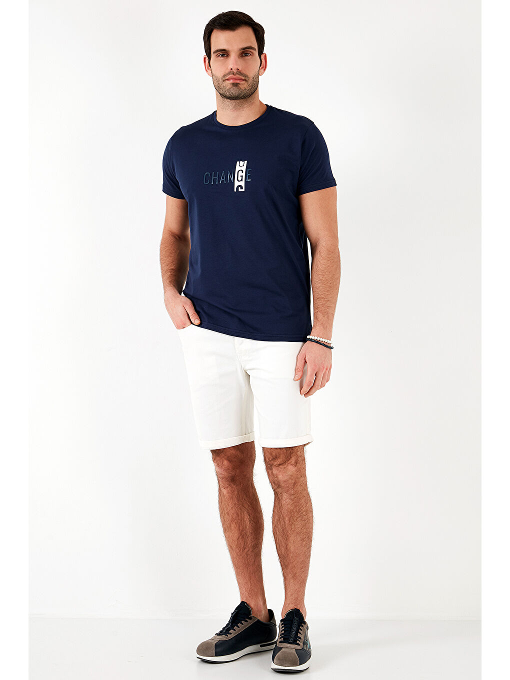 Lacivert Pamuklu Slim Fit Bisiklet Yaka Erkek Tişört 541CHANGE24-1