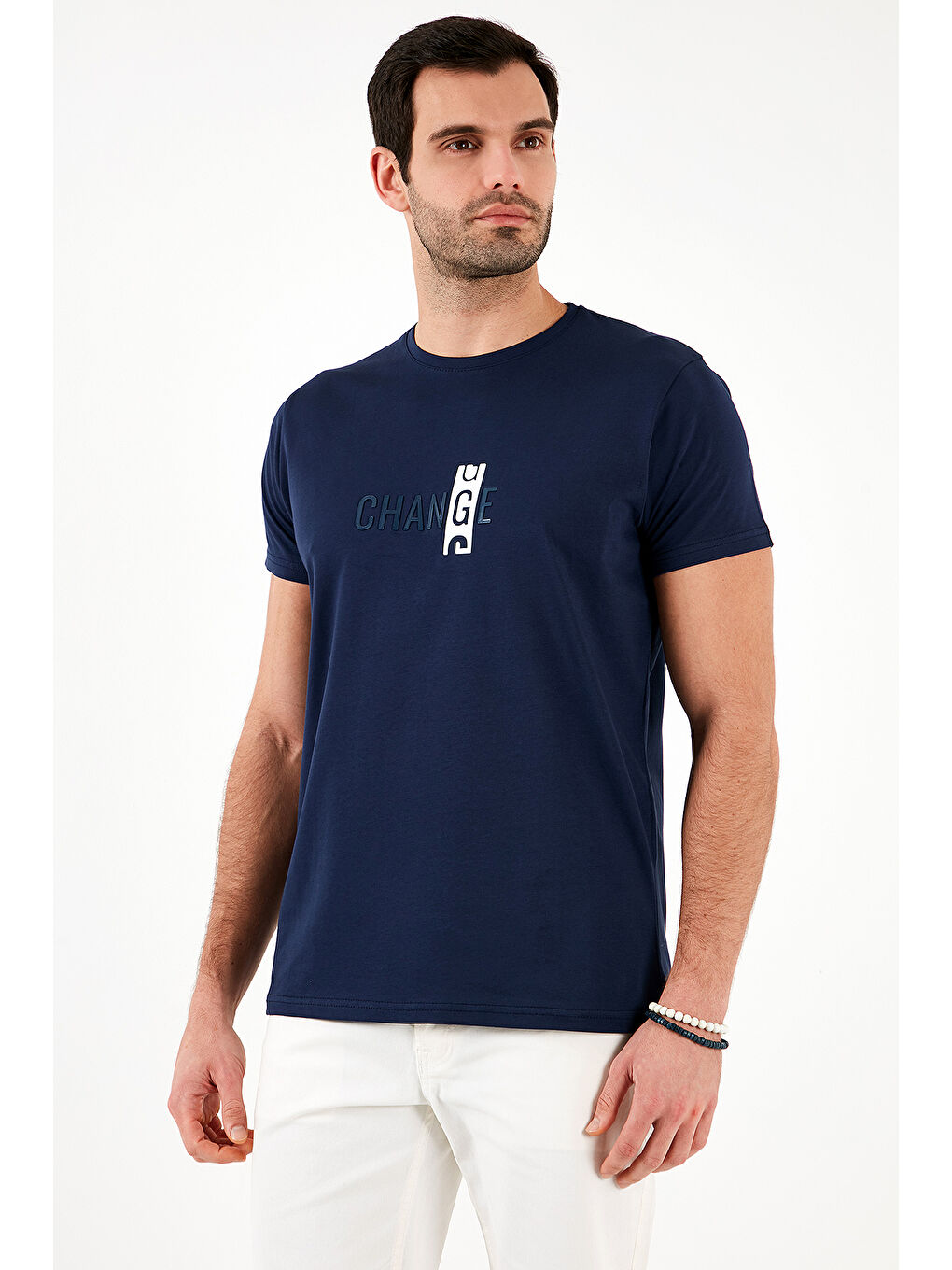 Lacivert Pamuklu Slim Fit Bisiklet Yaka Erkek Tişört 541CHANGE24-2