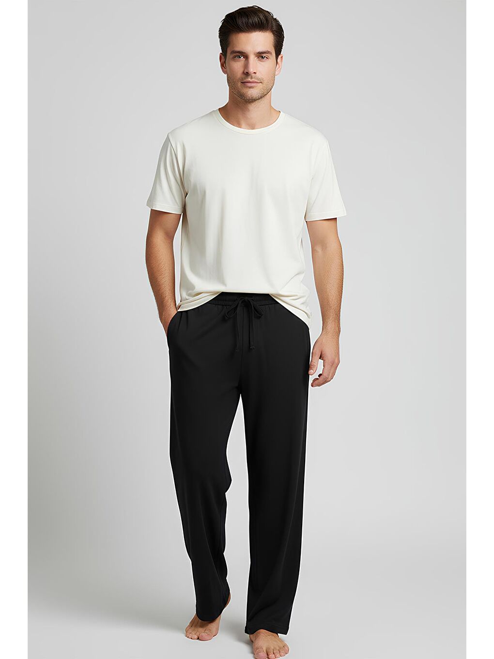 Ekru Erkek Kısa Kollu Basic Esnek Elastanlı Viskoz T-shirt MAN01-2