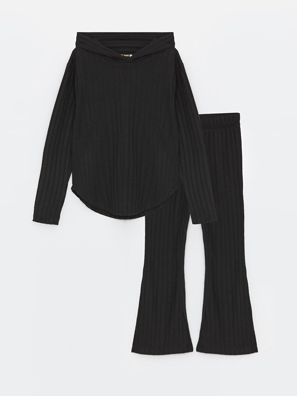 Siyah Kız Çocuk Fitilli Kapüşonlu Triko Eşofman Takımı