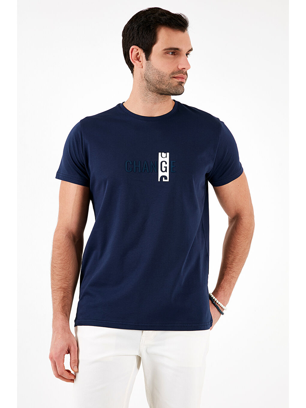 Lacivert Pamuklu Slim Fit Bisiklet Yaka Erkek Tişört 541CHANGE24-4