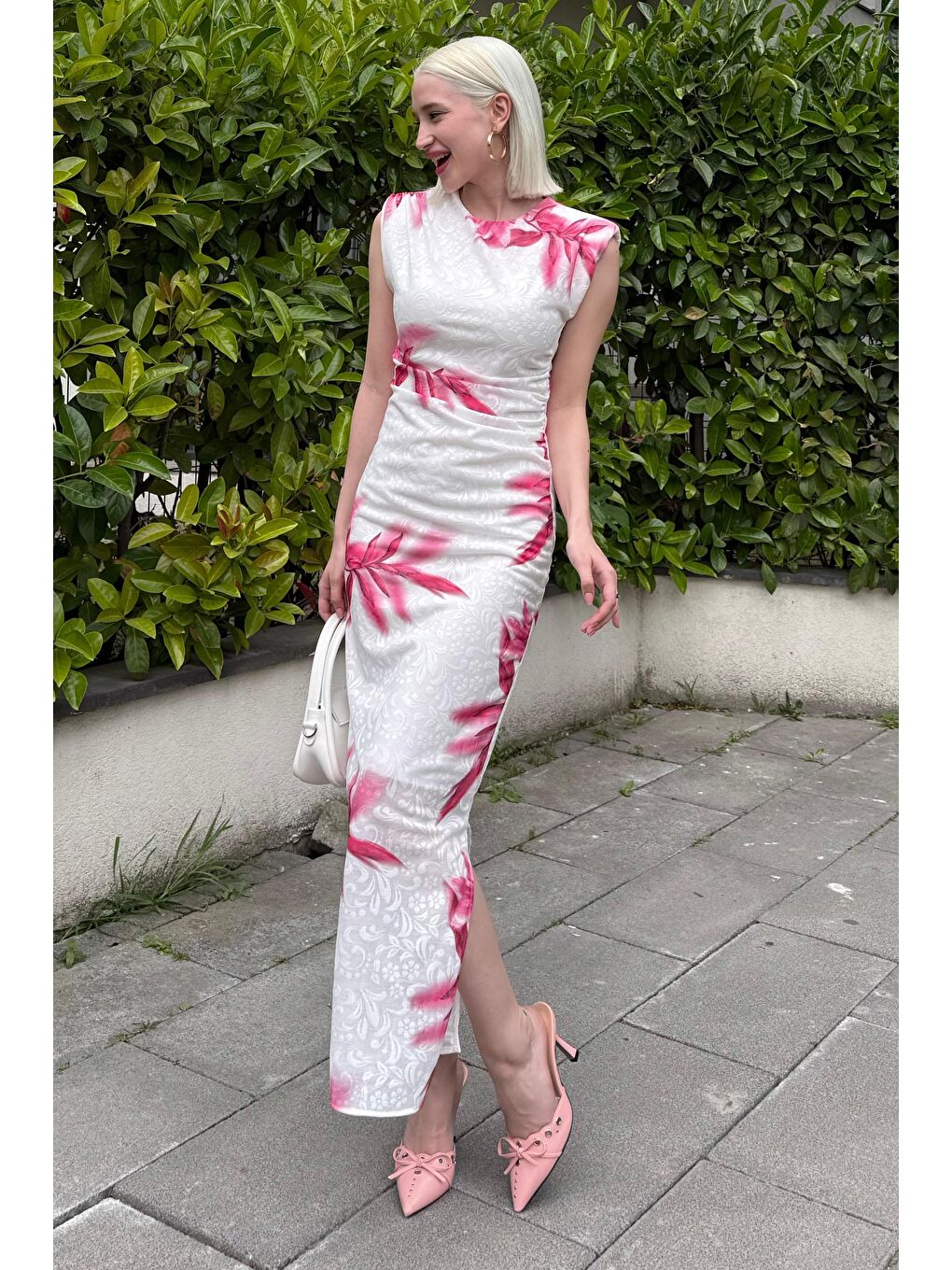 Pembe Desenli Midi Boy Kadın Elbise Mg2464-3