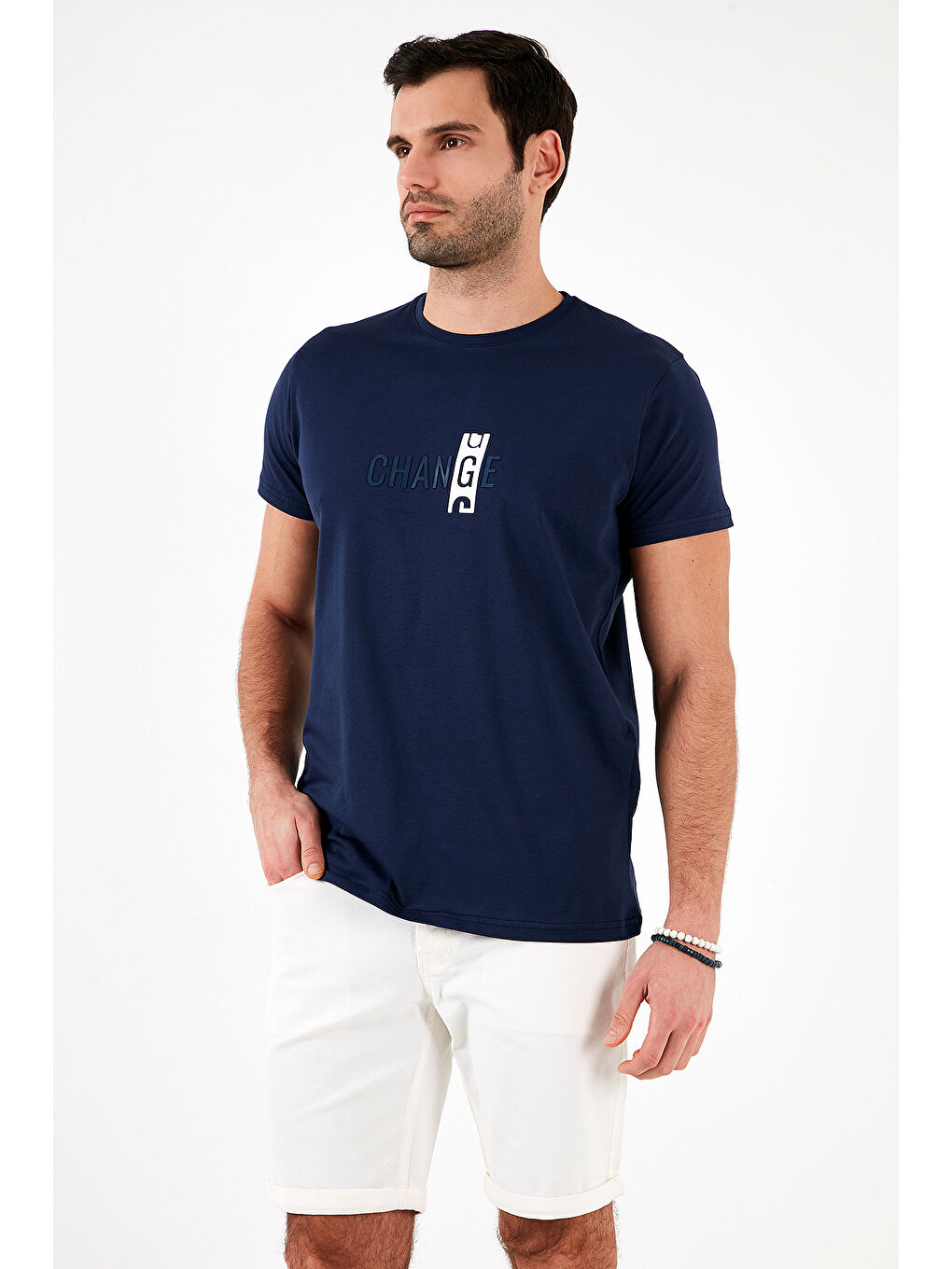 Lacivert Pamuklu Slim Fit Bisiklet Yaka Erkek Tişört 541CHANGE24-5