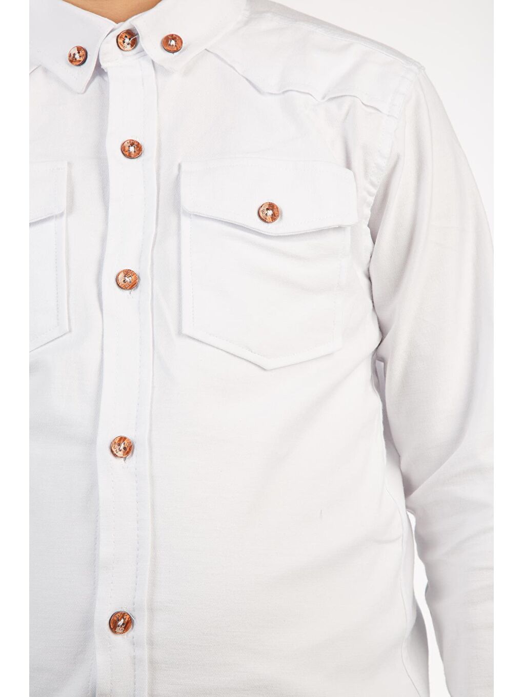 Beyaz Uzun Katlama Kollu Erkek Çocuk Gömlek-5