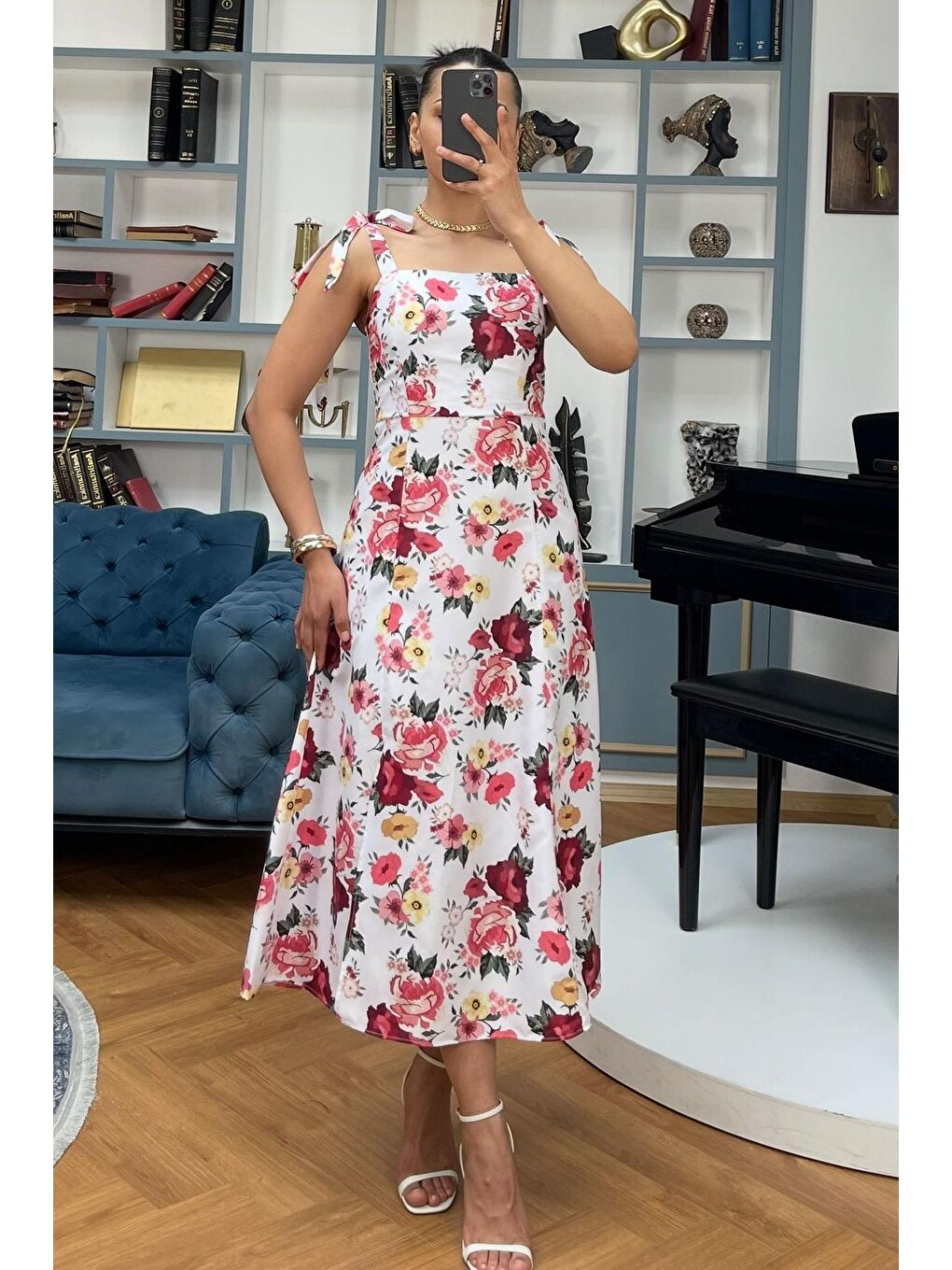 Pembe Çiçekli Bağlanabilir Askı Midi Boy Kadın Elbise Mg2465-4