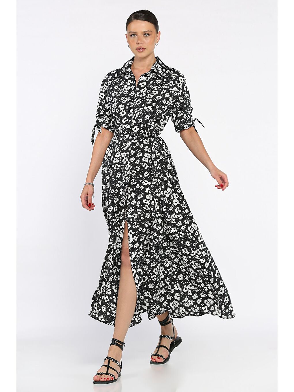 Siyah Kadın Düğmeli Çiçek Desenli Kısa Kol Elbise-1