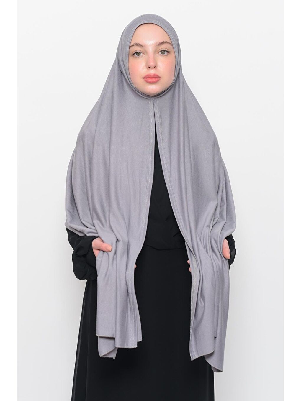 Gri Hazır Pratik Geçmeli Lüks Organik Düz Penye Şal Eşit Hizalı-1
