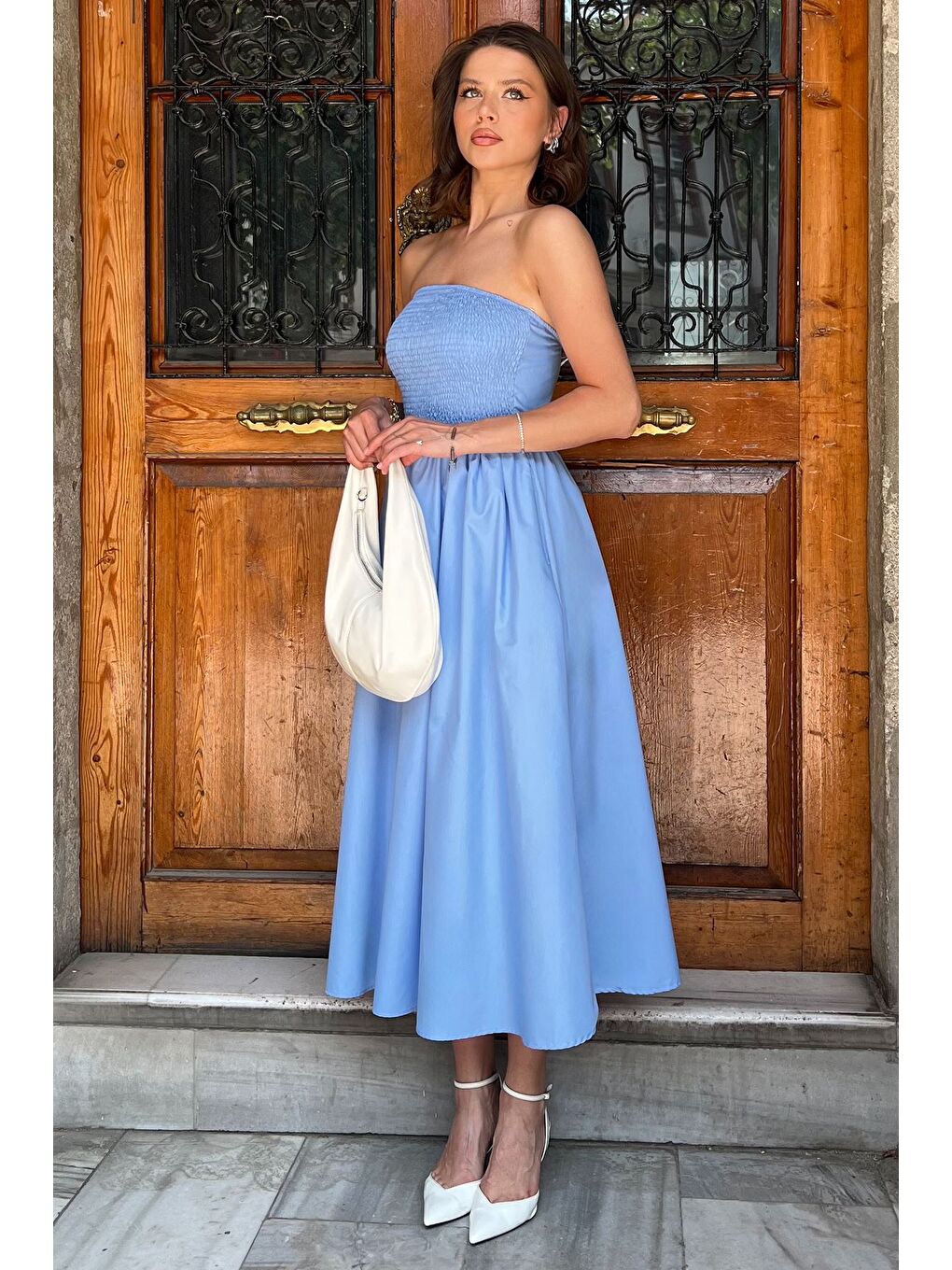 Mavi Kadın Straplez Midi Boy Elbise-1