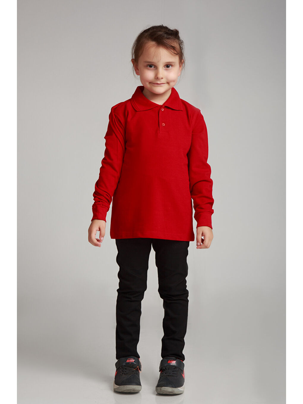 Kırmızı Kids Polo Yaka Basic Uzun Kollu Kız Çocuk-3