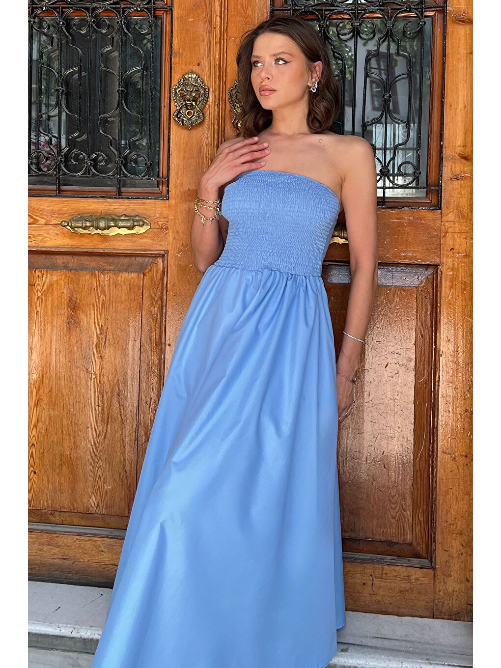 Mavi Kadın Straplez Midi Boy Elbise-2