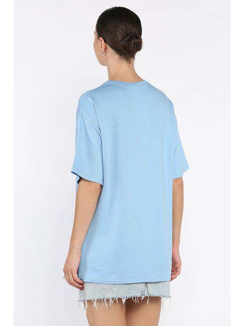 Mavi Kadın Bisiklet Yaka Kalp Nakışlı Salaş Tişört-2