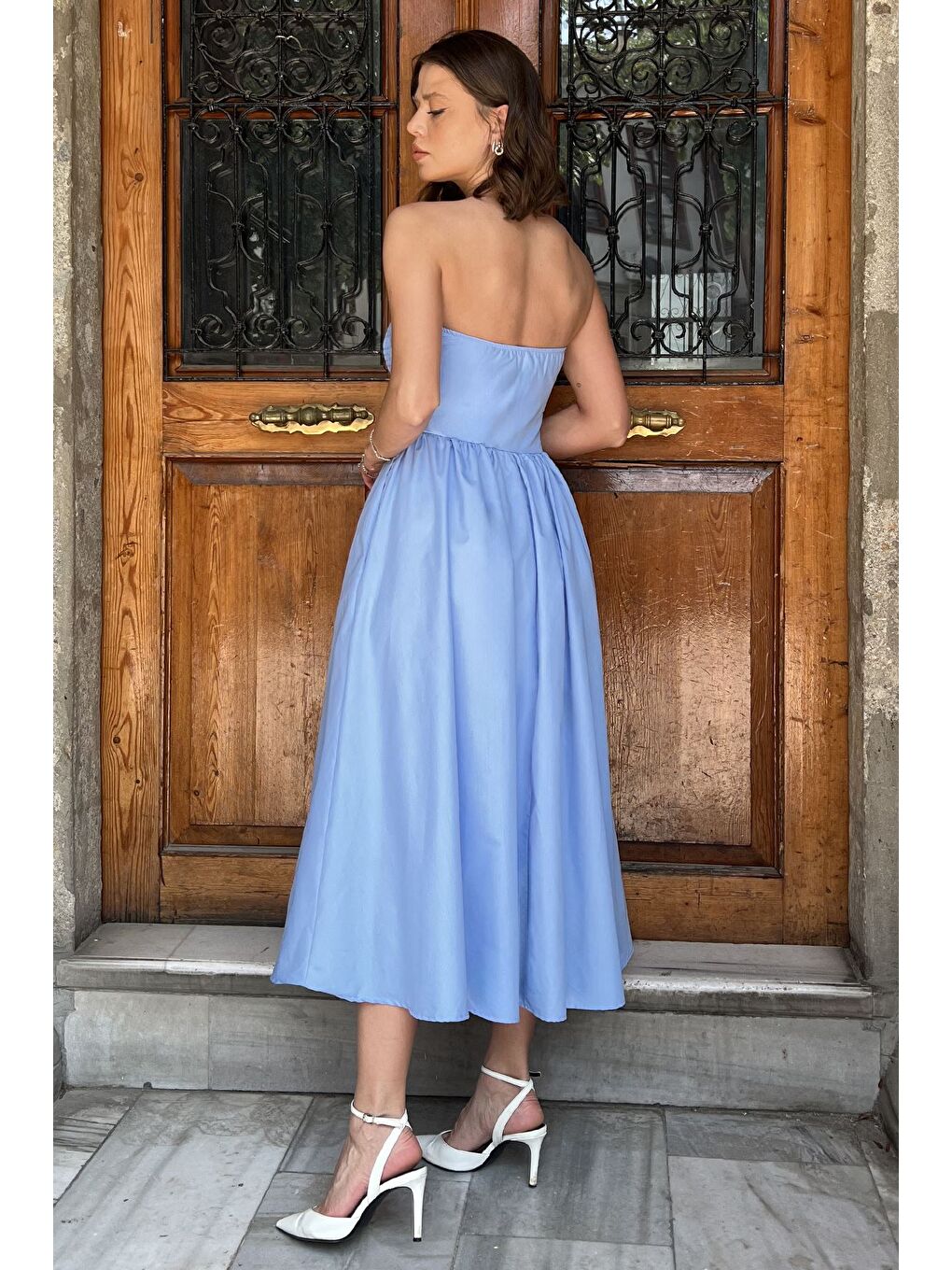 Mavi Kadın Straplez Midi Boy Elbise-3