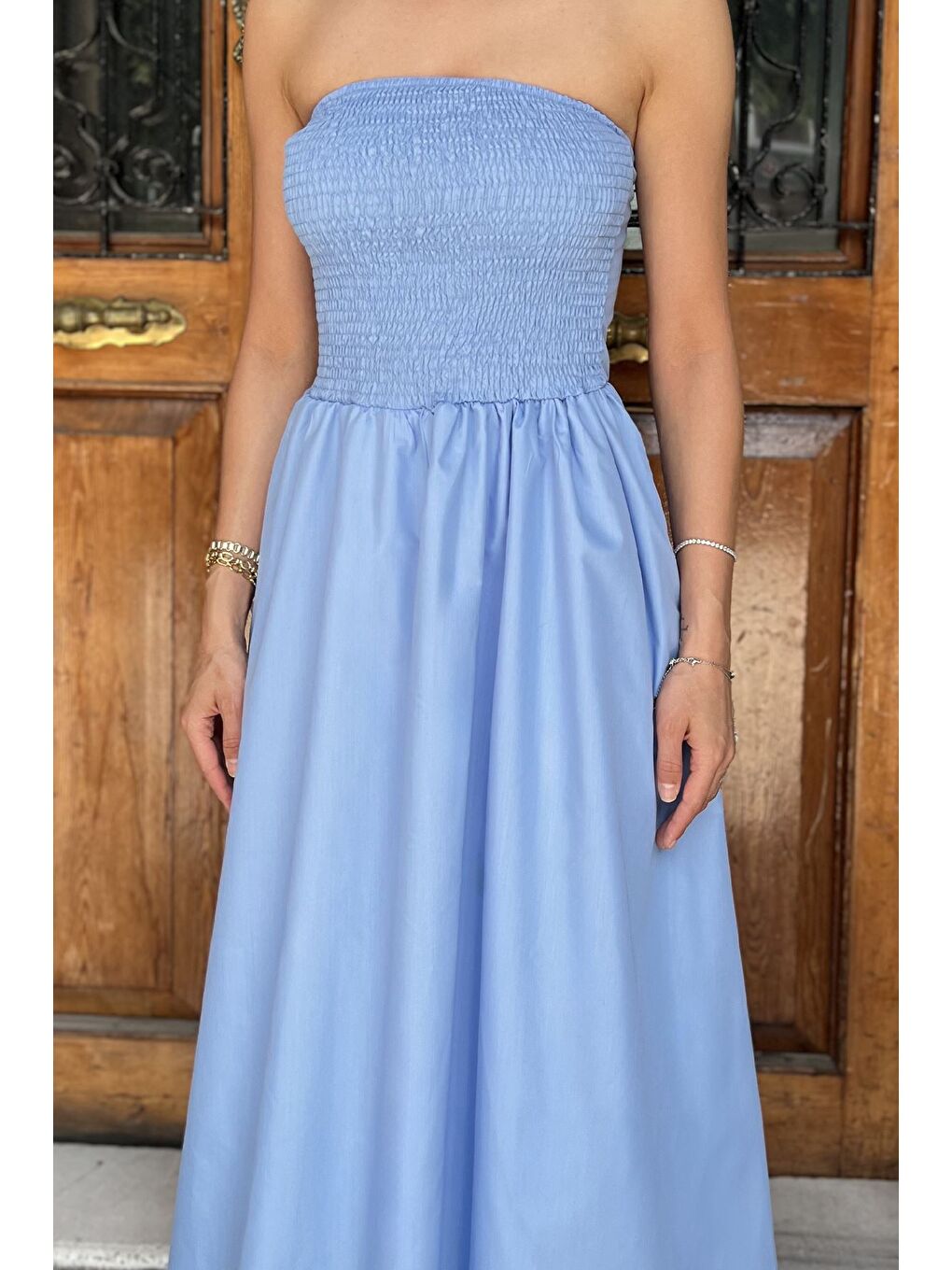 Mavi Kadın Straplez Midi Boy Elbise-4