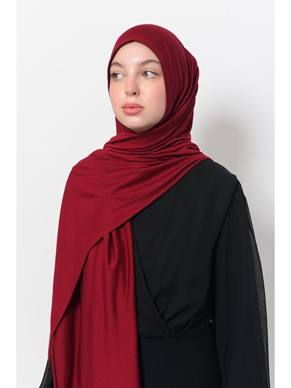 Bordo Hazır Pratik Geçmeli Lüks Organik Düz Penye Şal Eşit Hizalı-4