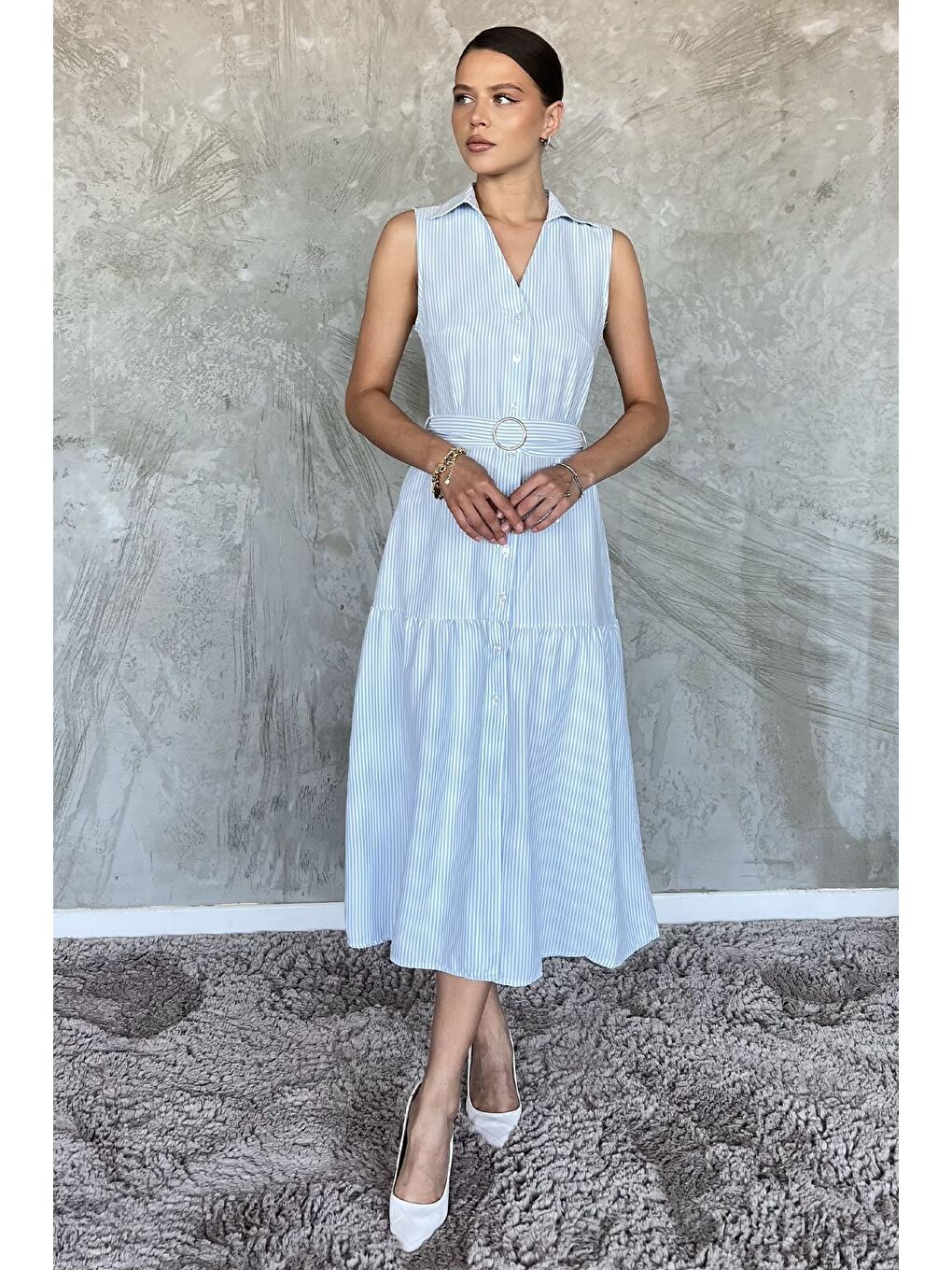 Mavi Çizgi Desenli Kemerli Sıfır Kol Kadın Elbise-1