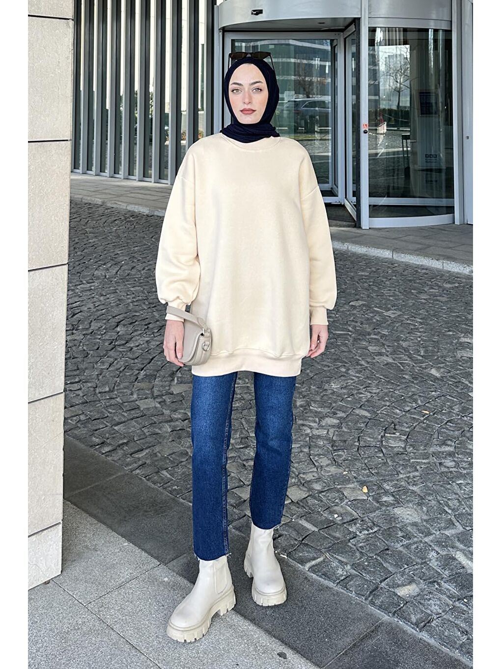 Ekru Üç İplikli Yarım Balıkçı Yakalı Basic Tunik Krem